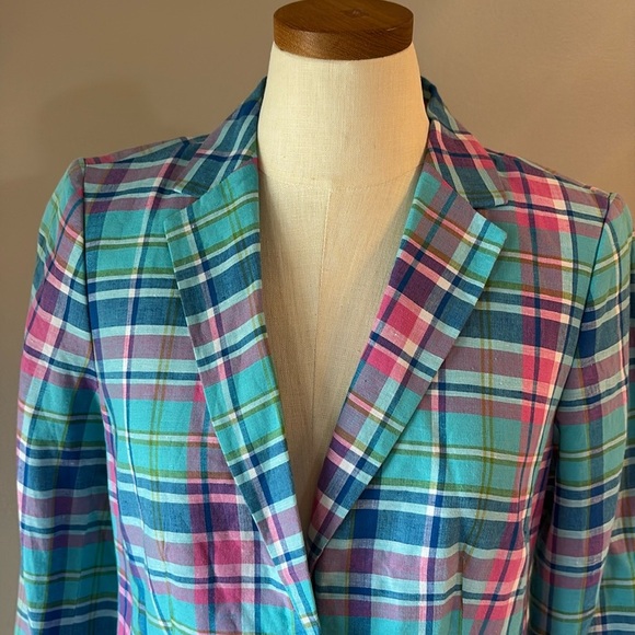NWOT Talbots Madras linen plaid sunshine blazer 2 button front ruffle cuff 6 - Picture 14 of 17